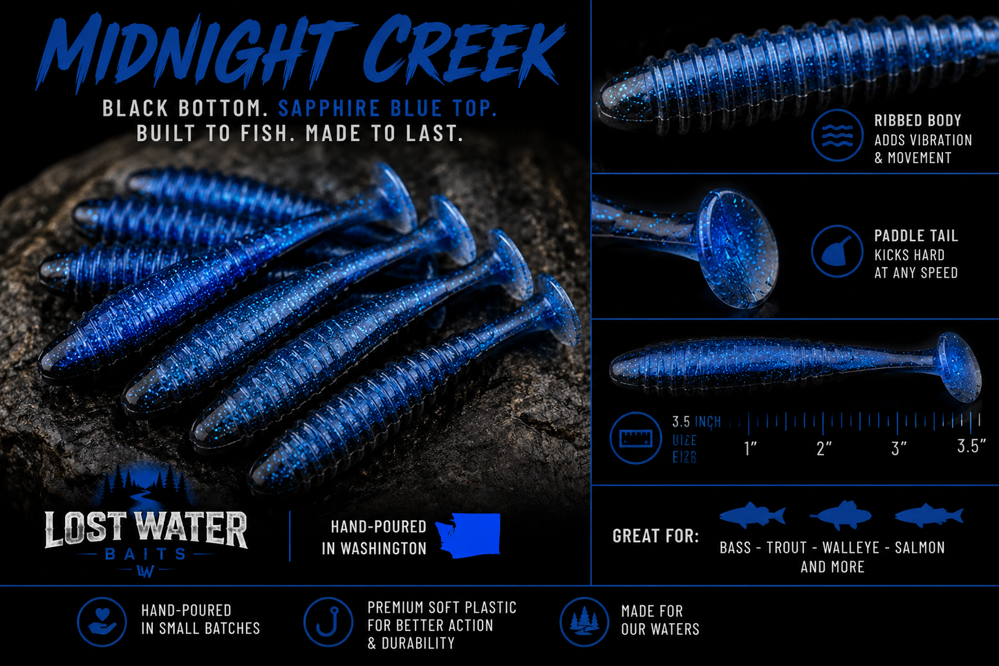 Midnight Creek – 3.5" Paddle Tail Swimbait – 6 Pack